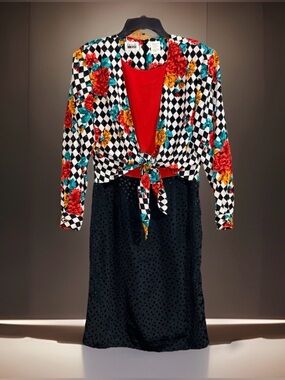 Vtg Leslie Fay Red Floral Harlequin Midi Dress with Teal Accents-16-EC